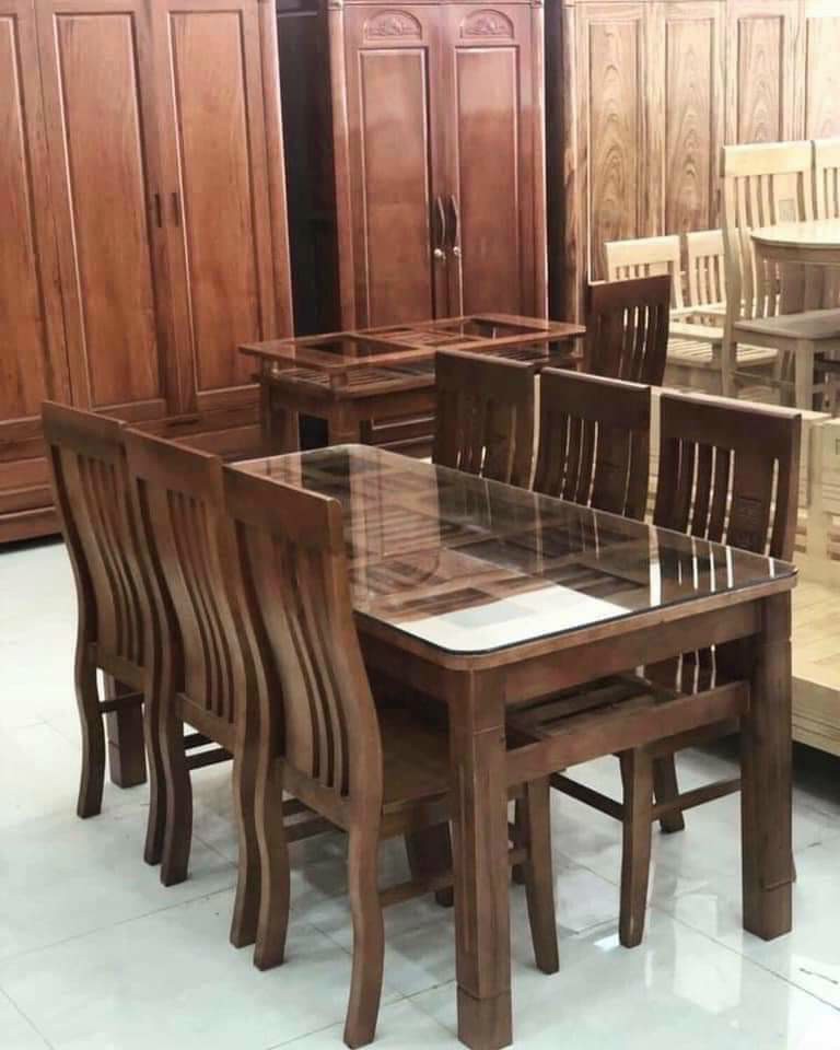 Bộ Bàn Ăn 6 Ghế Gỗ Tự Nhiên Mặt Kính Giá Rẻ